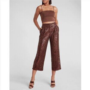 Sequin Cropped High Waist Trousers Espresso Brown Pleated Party Pants Pockets XS